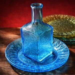 Vintage Crackle Glass Set Decanter 5 Plates (Blue & Green)Mid Century Art Glass